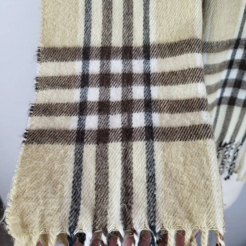 Cashmere Blend Plaid Scarf Made in Italy Tan Brown Fringe Preppy Academic Ivy‎